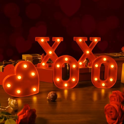 EDYCON Valentine's Day Letter Lights Sign Table Decorations LED Light up Letters Battery Powered Letter for Home Party Bedroom Tabletop Fireplace Indoor Decor(XOXO Heart) | Amazon (US)