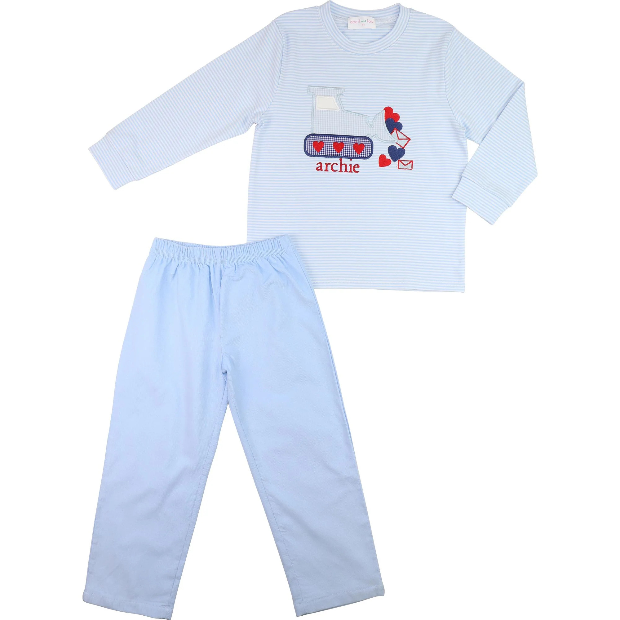 Blue Applique Valentine Excavator Pant Set | Cecil and Lou