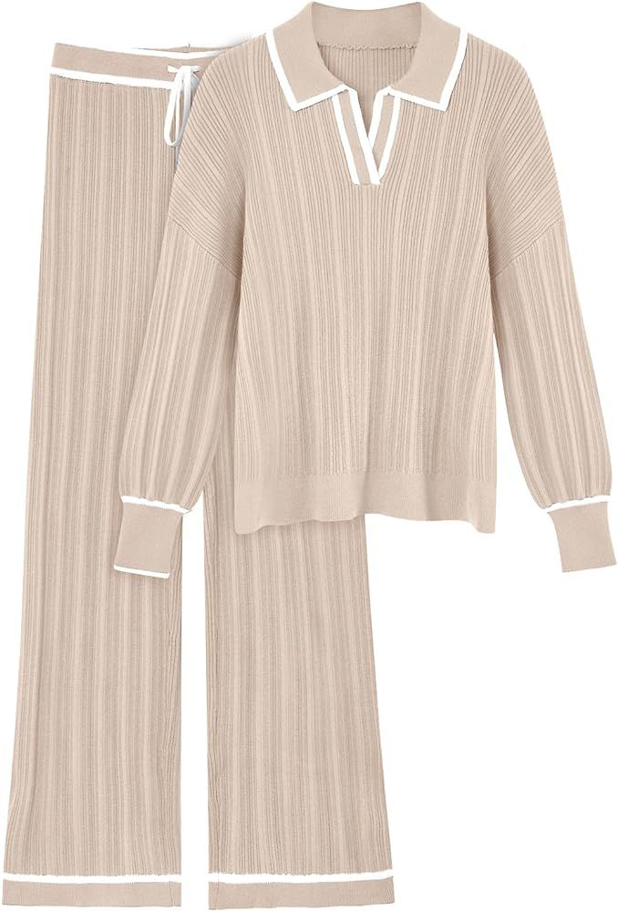 LILLUSORY Women's 2 Piece Outfits Knit Lounge Sets V Neck Sweater Top And Wide Leg Pants Sweatsui... | Amazon (US)