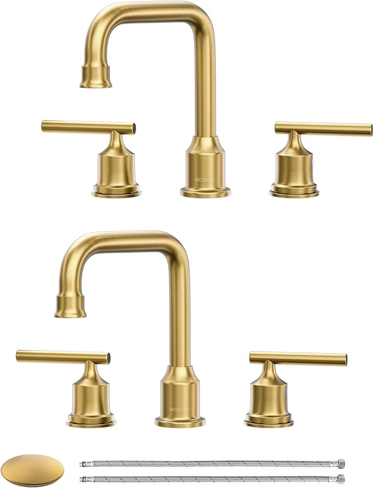 Brushed Gold Bathroom Faucet Set: WOWOW Widespread Bathroom Sink Faucet 3 Hole with Pop-up Drain ... | Amazon (US)