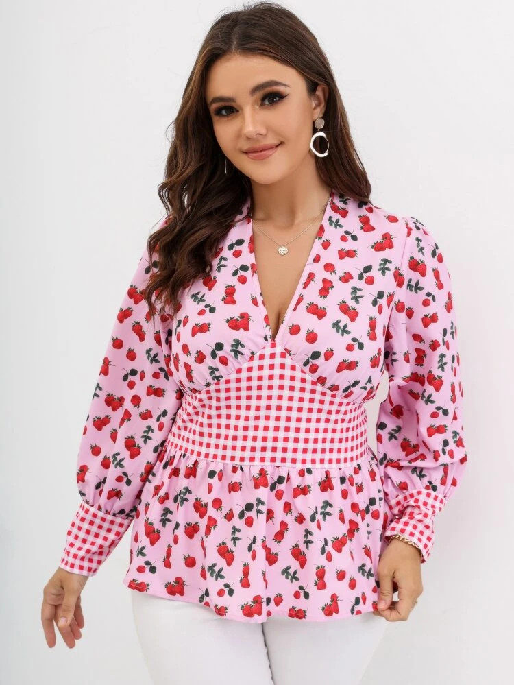 Plus Strawberry And Gingham Print V Neck Blouse | SHEIN