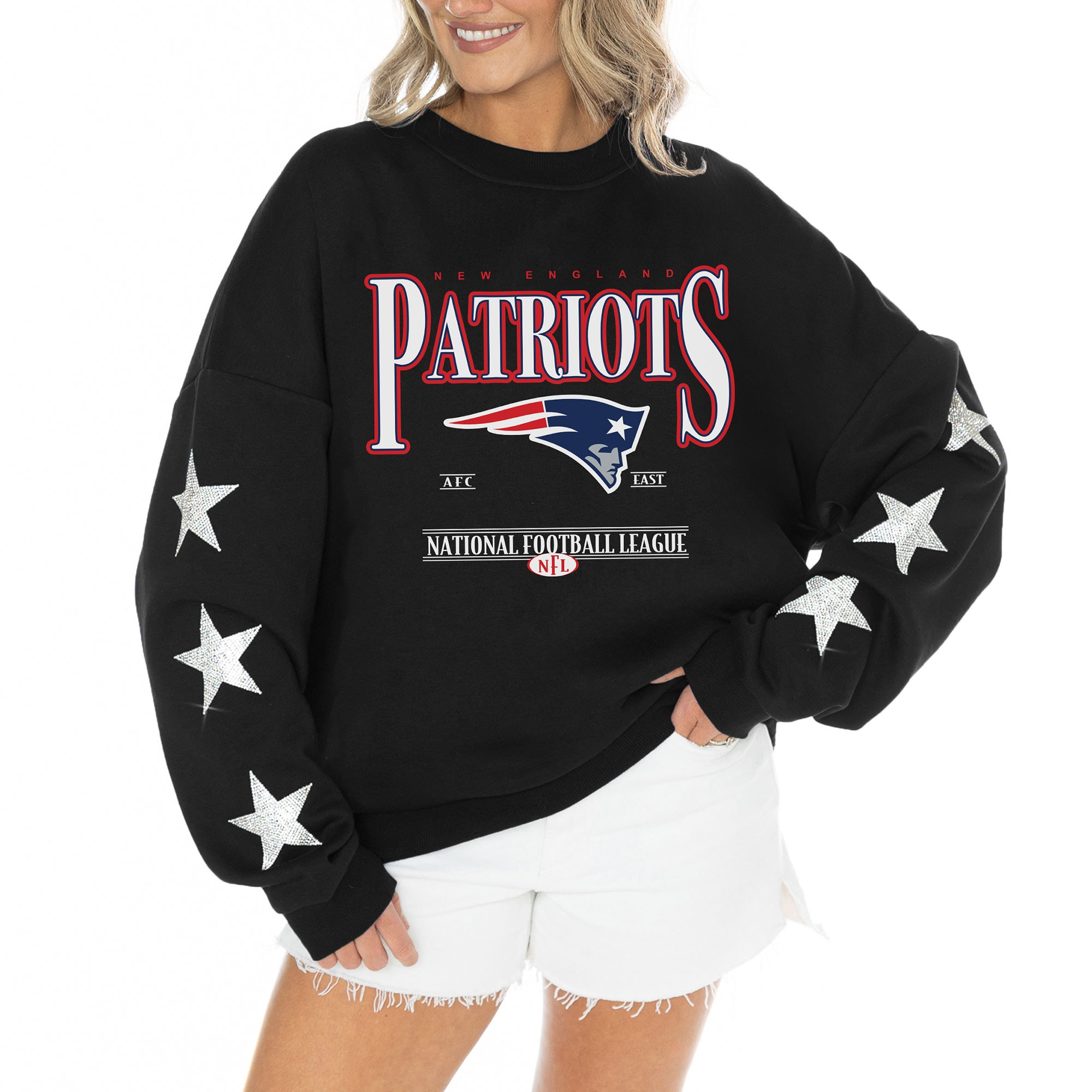 New England Patriots Gameday Couture Women's Rhinestone Star Sleeve Settle the Score Oversized Tr... | Fanatics