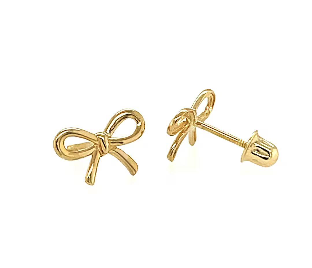 14K Solid Gold Bow Stud Earrings with Screwback - Yellow, White, Rose Gold - Dainty Ribbon Bow St... | Etsy (US)