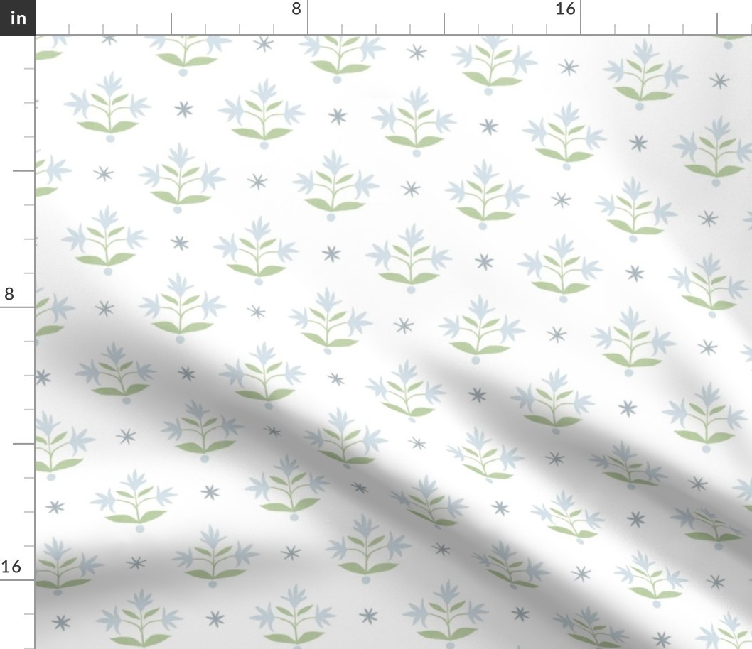69Thistle Stars Blues_ green on white Fabric bydanika_herrick | Spoonflower