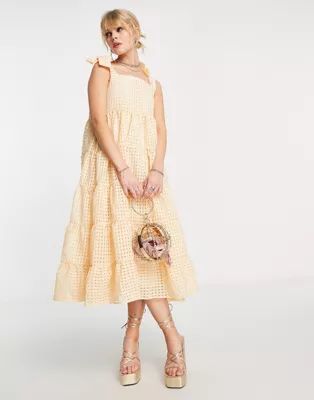 Sister Jane tiered midi dress with tie straps in yellow gingham | ASOS (Global)