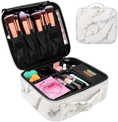 Makeup Travel Bags for Women,Portable Makeup Train Case with Adjustable Dividers White Marble Mak... | Amazon (US)