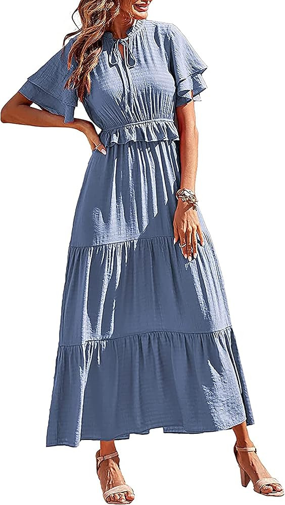 PRETTYGARDEN Womens Summer Boho Maxi Dress Short Sleeve V Neck Ruffle Trim High Waisted Tiered Pa... | Amazon (US)
