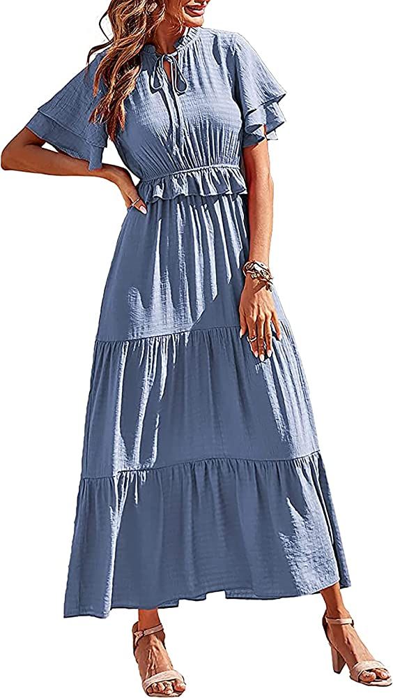 PRETTYGARDEN Womens Summer Boho Maxi Dress Short Sleeve V Neck Ruffle Trim High Waisted Tiered Pa... | Amazon (US)
