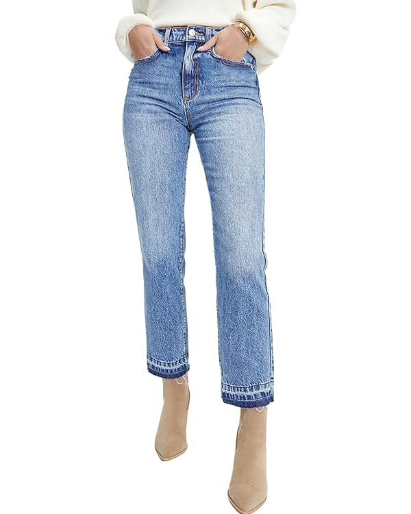 Astylish Womens High Waisted Straight Leg Ankle Jeans Casual Stretch Denim Pants | Amazon (US)