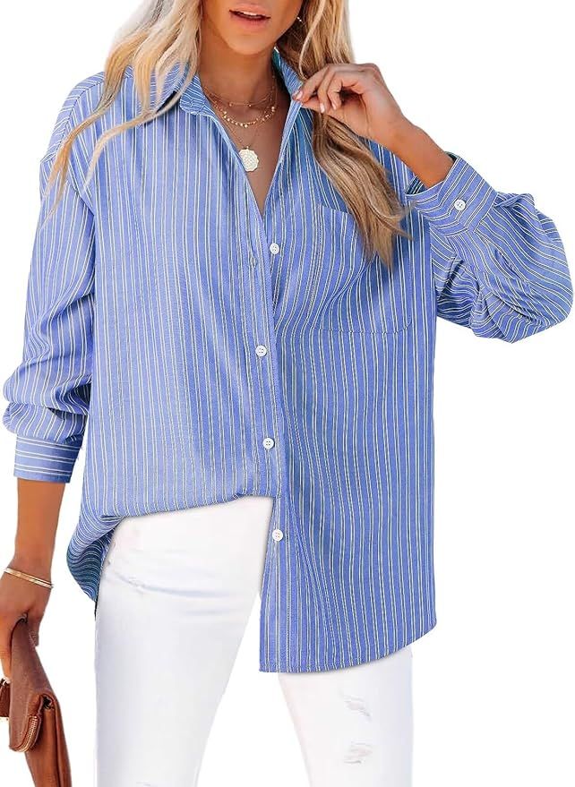 Astylish Women Blouses Oversized Striped Shirt Long Sleeve V Neck Button Down Work Top | Amazon (US)