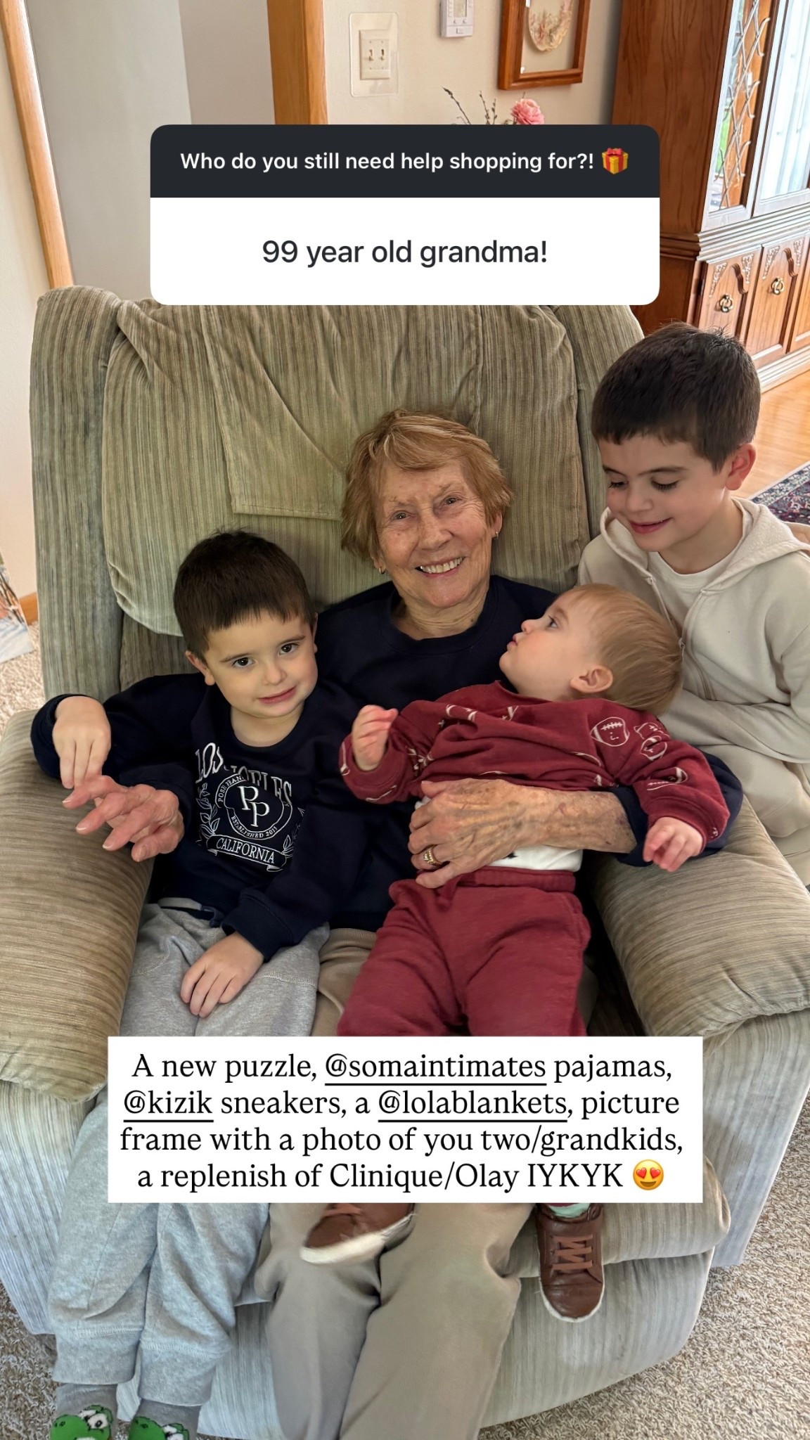 A new puzzle, @somaintimates pajamas, @kizik sneakers, a @lolablankets, picture frame with a photo of you two/grandkids, a replenish of Clinique/Olay IYKYK 😍