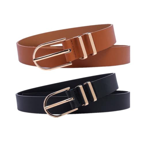 STRSTAR Women 2 Pack Leather Belt for Women Fashion Gold Buckle, Black Brown Belt for Jeans Dresses Pants Ladies Belt | Amazon (US)
