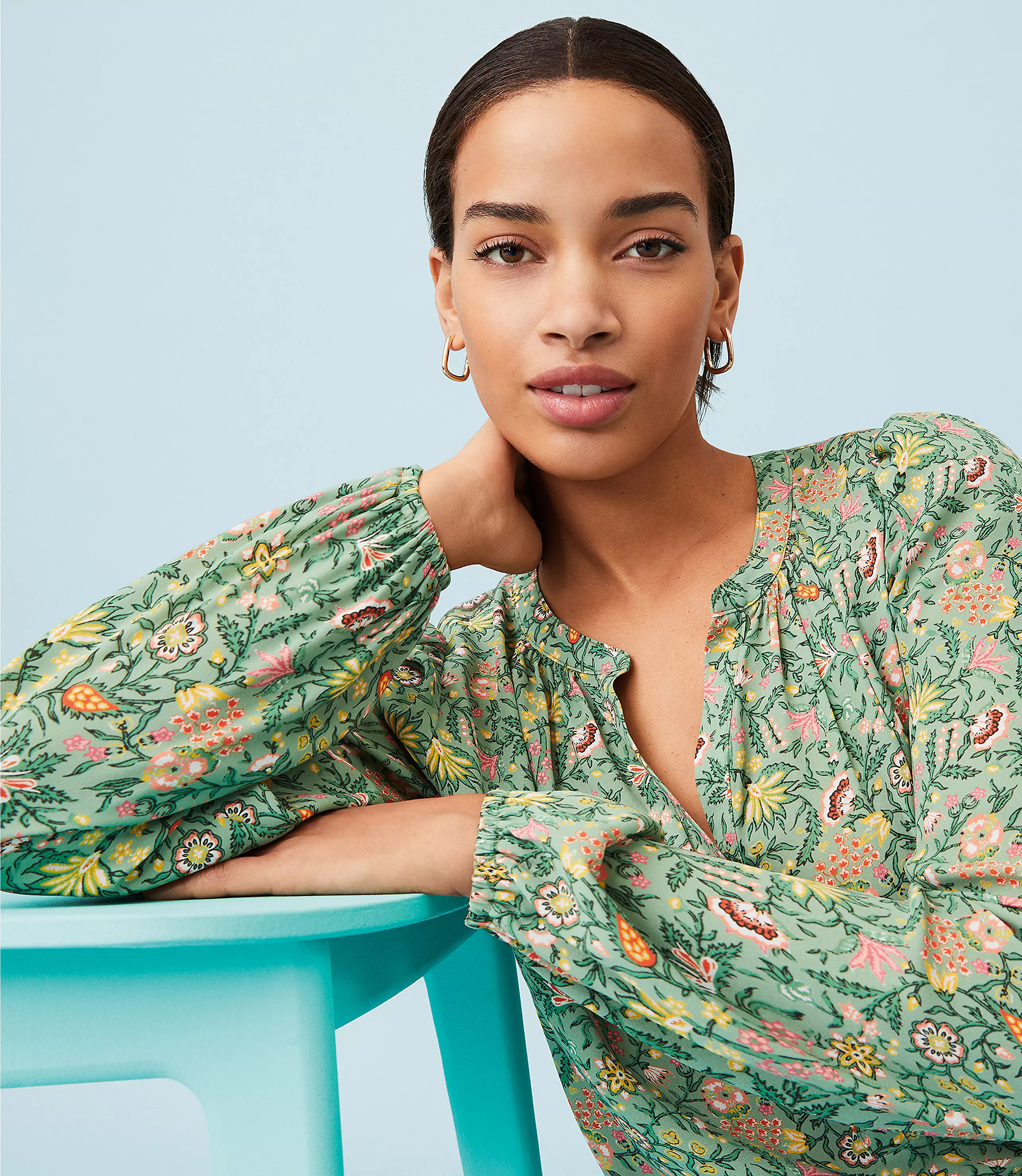 Petite Garden Henley Mixed Media Blouse | LOFT