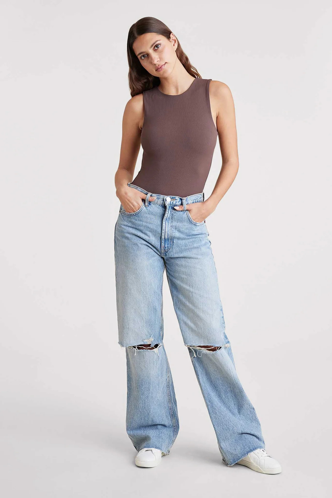 Ribbed Crewneck Tank Bodysuit | Coffee | Nuuds US