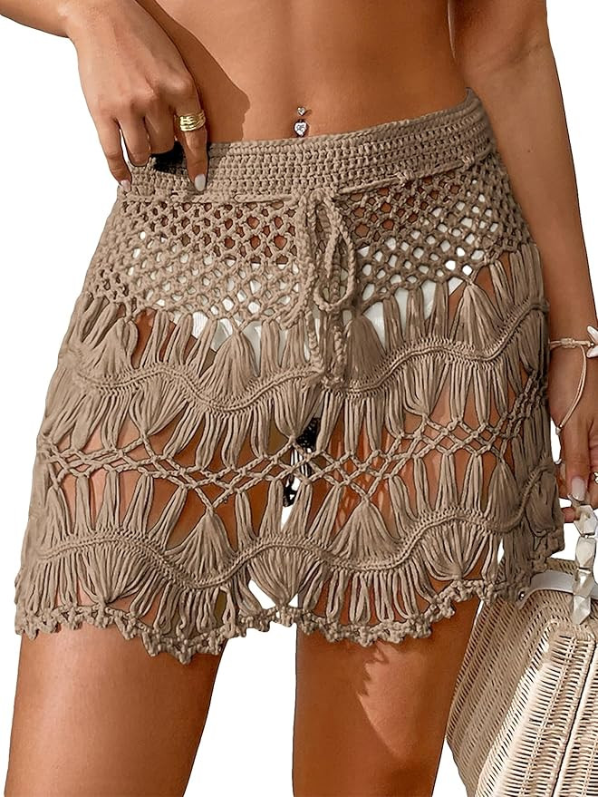 Floerns Women's Bathing Suit Tie Waist Crochet Beach Cover Up Skirt | Amazon (US)
