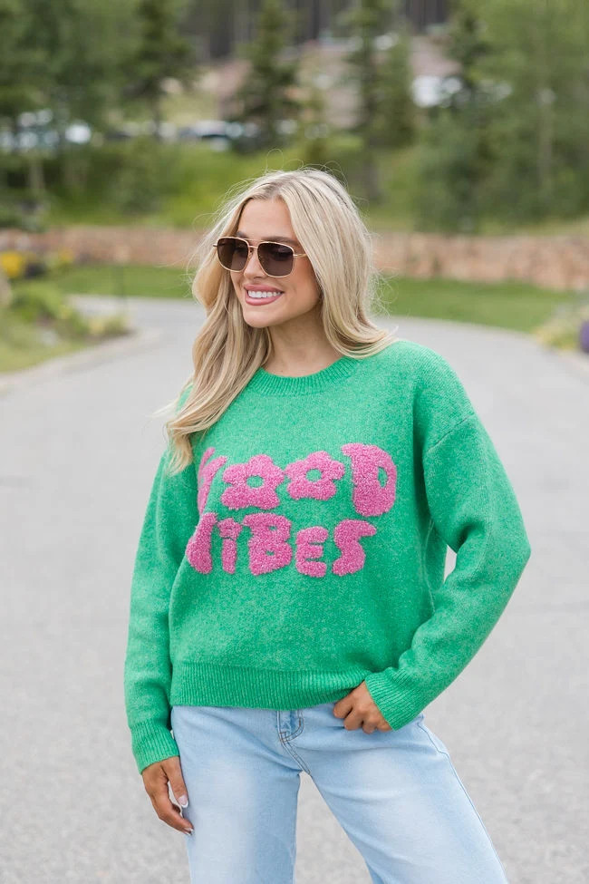Give Off Good Vibes Green and Pink Sweater FINAL SALE | Pink Lily