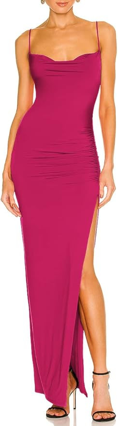 Aigeman Womens Sexy Spaghetti Straps Backless Cowl Neck Bodycon Maxi Dress Ruched High Slit Weddi... | Amazon (US)