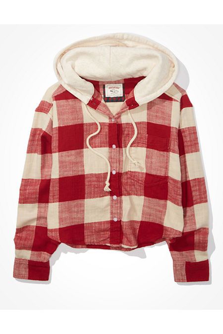 AE Cozy Cabin Cropped Hoodie Flannel | American Eagle Outfitters (US & CA)