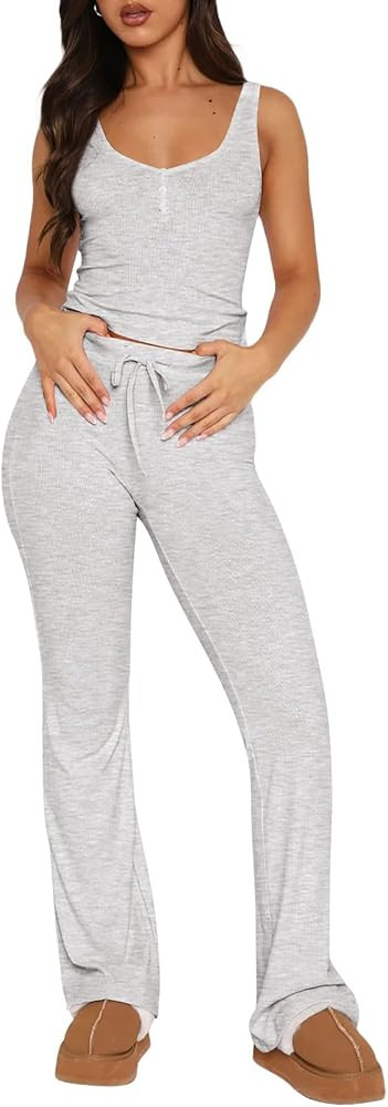 AUTOMET Womens 2 Piece Lounge Sets Summer Matching Outfits Pajamas Tank Tops and Elastic Waisted ... | Amazon (US)