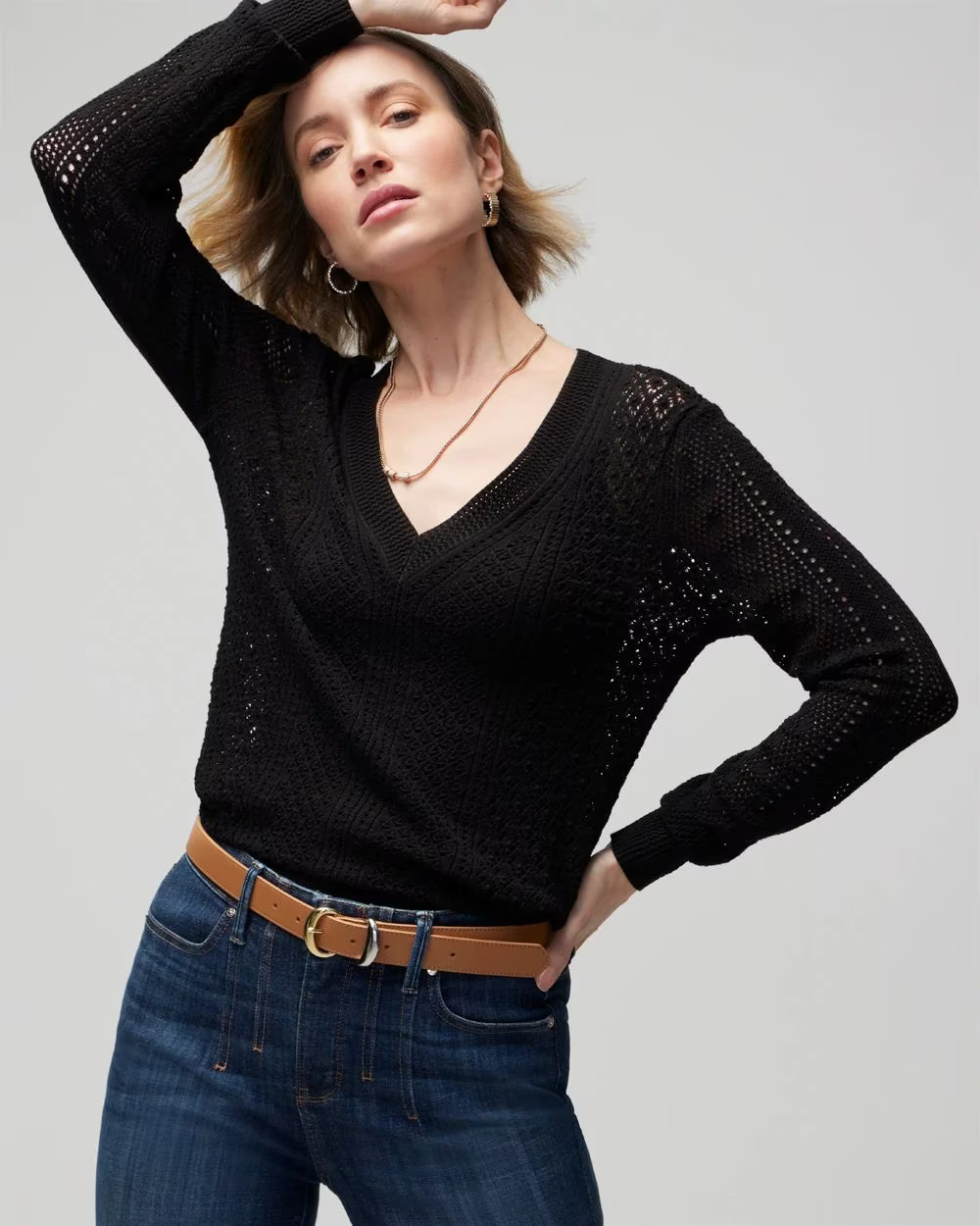 Long Sleeve Pointelle V-Neck Pullover | White House Black Market