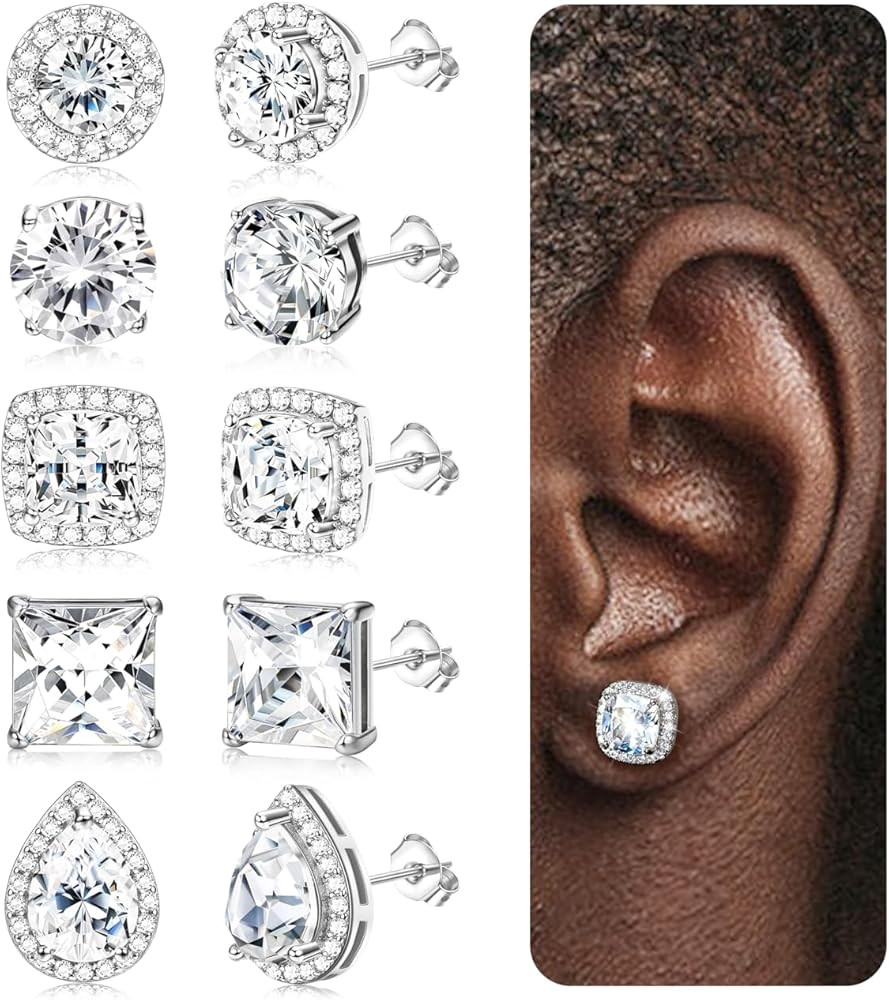 JeryWe 5 Pairs 316L Surgical Steel Cubic Zirconia Stud Earrings for Women Men Hypoallergenic CZ E... | Amazon (US)