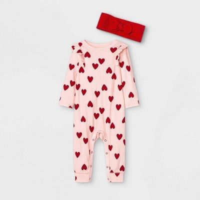 Baby Girls' Heart Rib Romper with Headband - Cat & Jack™ Pink | Target