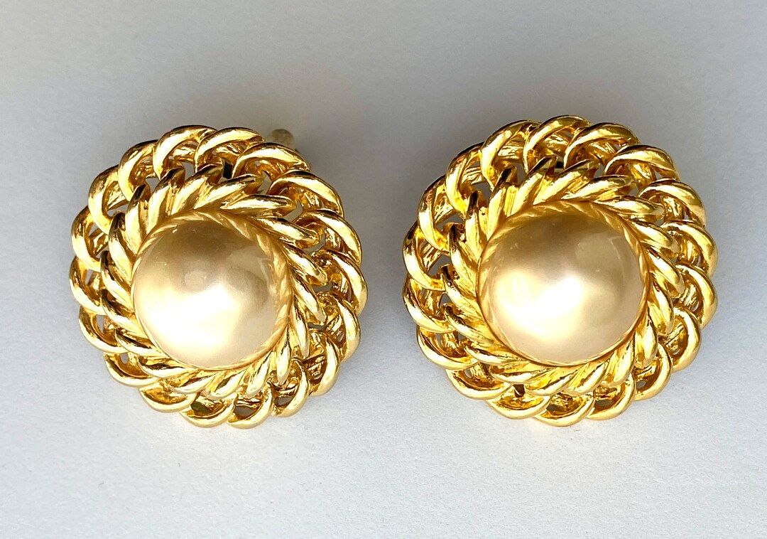 Retro earrings signed Carolee oversized gold tone faux pearl clip on earrings 90’s look | Etsy (US)