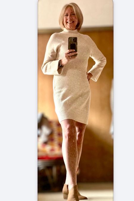 I love a warm and cozy sweater dress ! 

This cream color dress with bell sleeves and mock turtleneck is both visually appealing and warm and cozy . 
It’s a soft rib knit  and a shorter length .
Could easily be worn with a tall boot or a short bootie like shown in the picture .  

Layer it up with a longer coat if you are looking to keep your legs warm .  I prefer the neutral look of bare legs  but you could easily add some neutral fleece leggings if you have some .  

Sweater dresses are perfect for this time of year and so comfortable .  Great for a day of wine tasting 🍷 or shopping and lunch ! 

I think I have a dozen sweater dresses in almost every color - both maxi and mini ones !  Now I need some tan on my pale pale legs!! 😆😃😎

Enjoy your day and wear the dress !  😊

Sweater dress @rw_co ( clearance rack)

#sweaterdress
#cream
#ribknit
#softcozyvibes
#booties
#bellsleeves
#february
#mockneck
#minidress
#wearthedress


#LTKsalealert