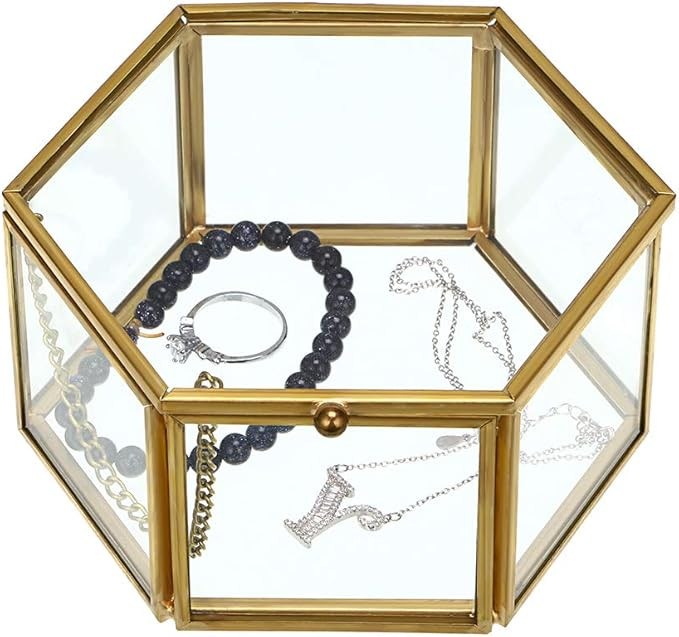 Hipiwe Vintage Glass Jewelry Box - Golden Hexagonal Jewelry Display Organizer Keepsake Box Home D... | Amazon (US)