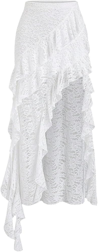 Verdusa Women's Y2K Floral Lace Sheer Skirt Layered Ruffle Asymmetrical Long Skirts | Amazon (US)