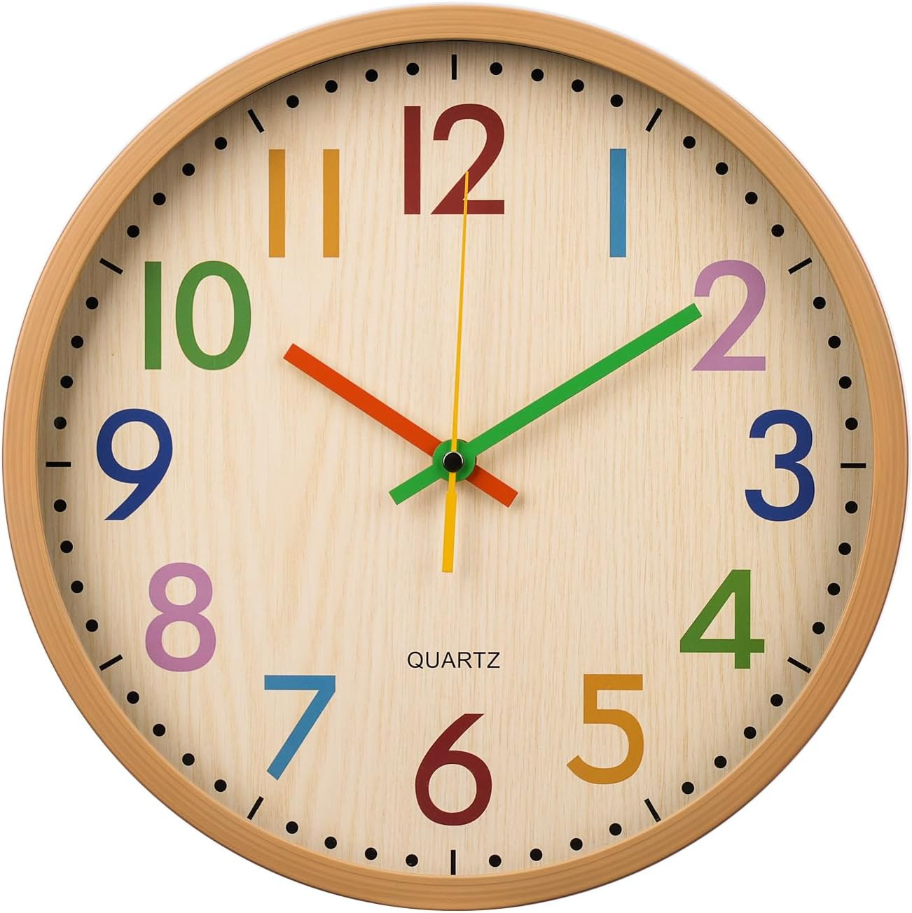 Kids Wall Clock Silent Non-Ticking Colorful Childrens Clock Round Decorative Wall Clocks for Classroom, School, Office, Bedroom, Living Room, Kitchen (Bamboo Grain, 12 inch) | Amazon (US)