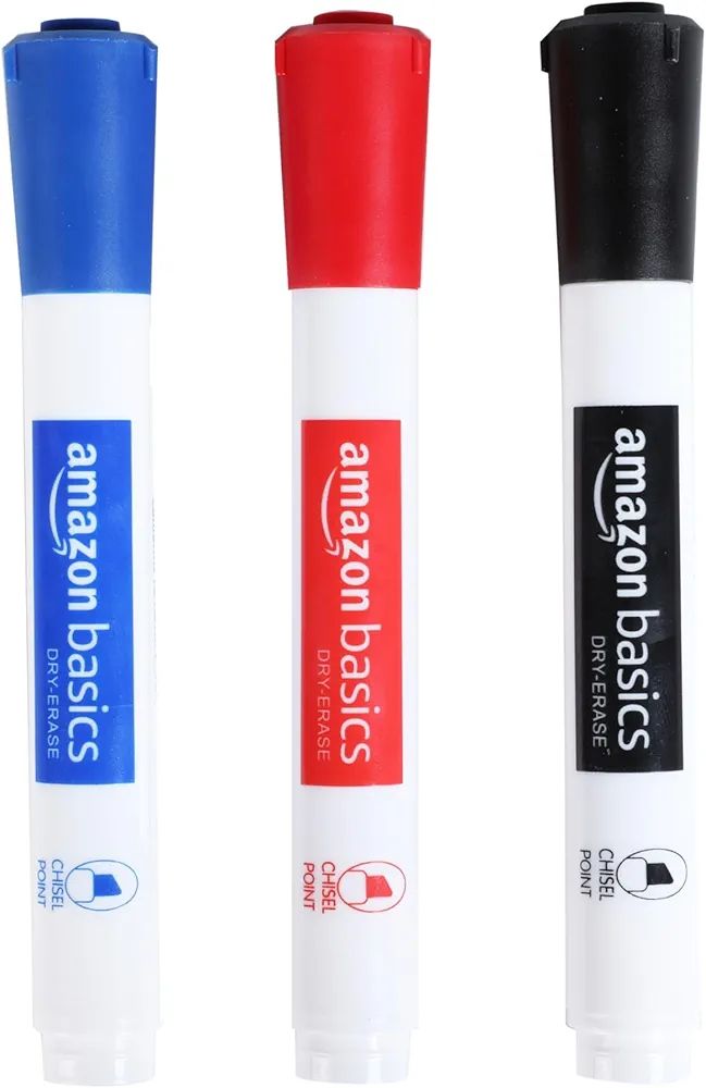 Amazon Basics Low-Odor Chisel Tip Dry Erase Whiteboard Marker, 3 Count, 1 Pack, Black, Red, Blue | Amazon (US)