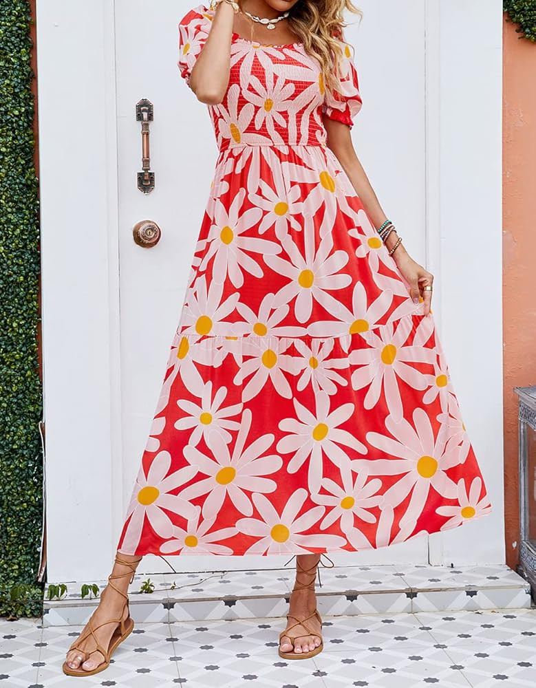 ZESICA Women's Summer Boho Floral Print Square Neck Ruffle Swing Beach Long Maxi Dress | Amazon (US)