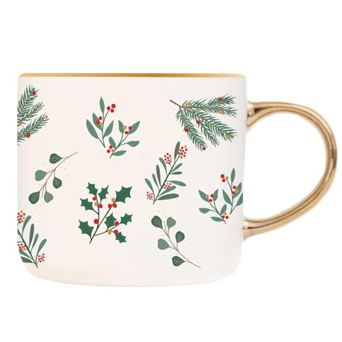 Sweet Water Decor Holiday Greenery Christmas Coffee Mugs - 17 Oz Christmas Mugs with Gold Handle The Perfect Christmas Gifts - Christmas Stocking Stuffers Festive Fine Bone Holiday Mugs | Amazon (US)