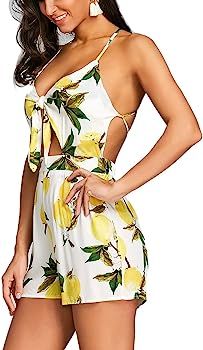 Women Strap V-Neck Hollow Lemon Print Backless Romper Jumpsuit Bodysuit | Amazon (US)