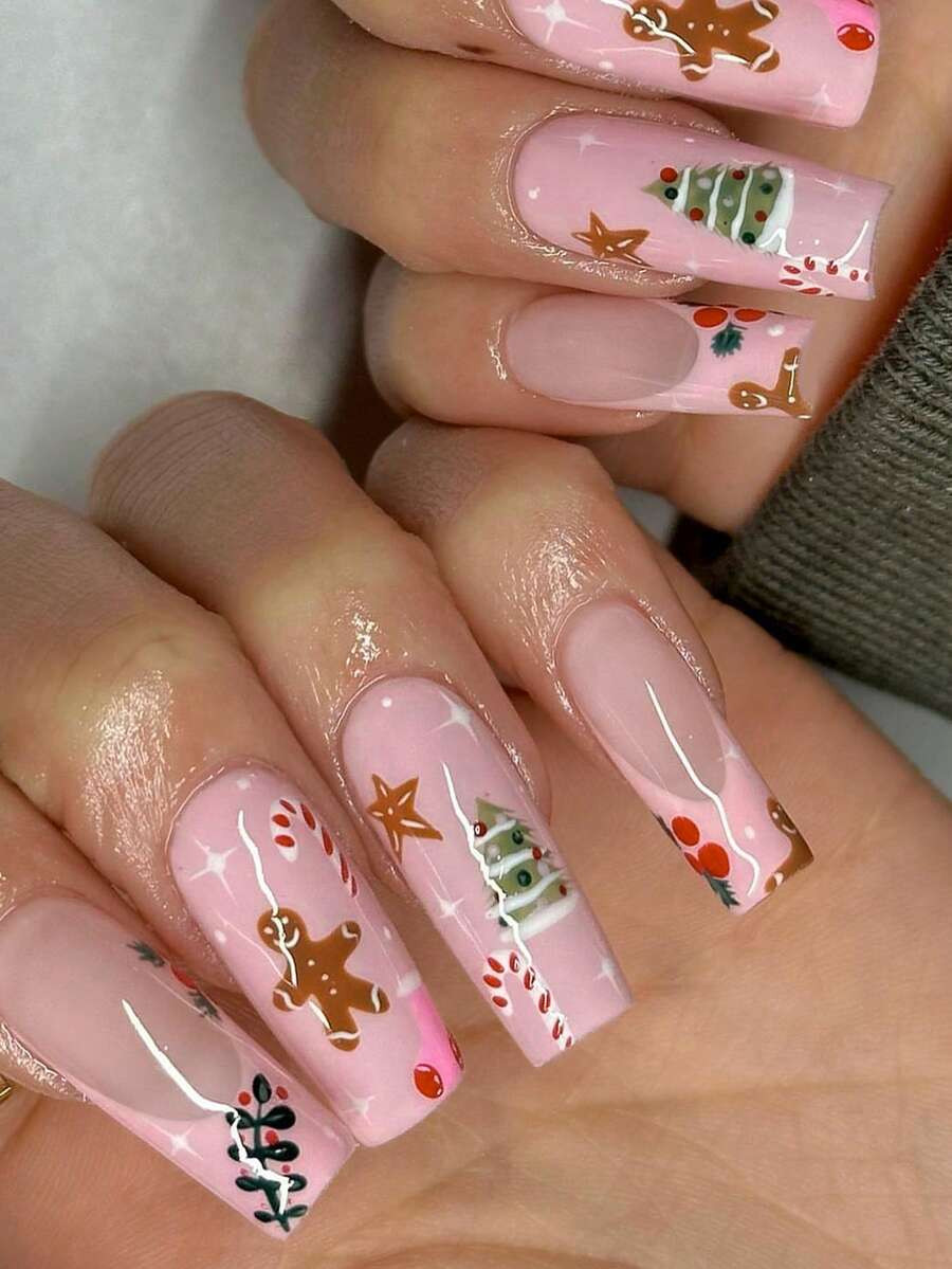 24pcs Long Square Cute Gingerbread Man, Candy Cane, Christmas Tree, Star Design French Tip Press ... | SHEIN