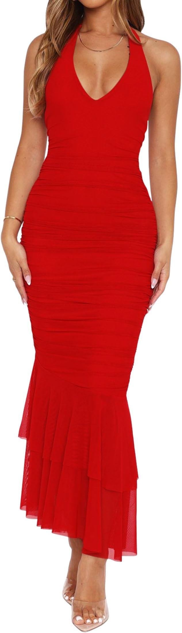 YFANG Women's Sexy Ruffle Hem Halter Deep V Neck Ruched Sleeveless Mesh Bodycon Cocktail Party Ma... | Amazon (US)