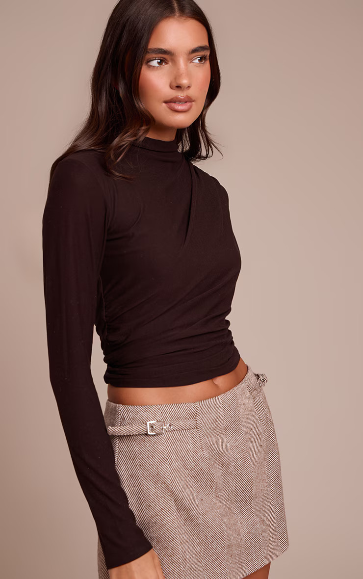 Dark Chocolate Soft Touch High Neck Ruched Detail Long Sleeve Top | PrettyLittleThing UK