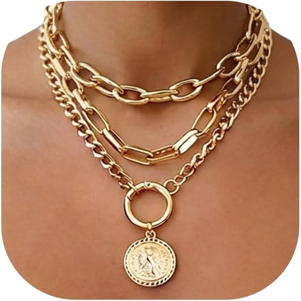 iF YOU Vintage Gold Layered Necklaces for Women Trendy, Chunky Cuban Link Paperclip Chains Neckla... | Amazon (US)
