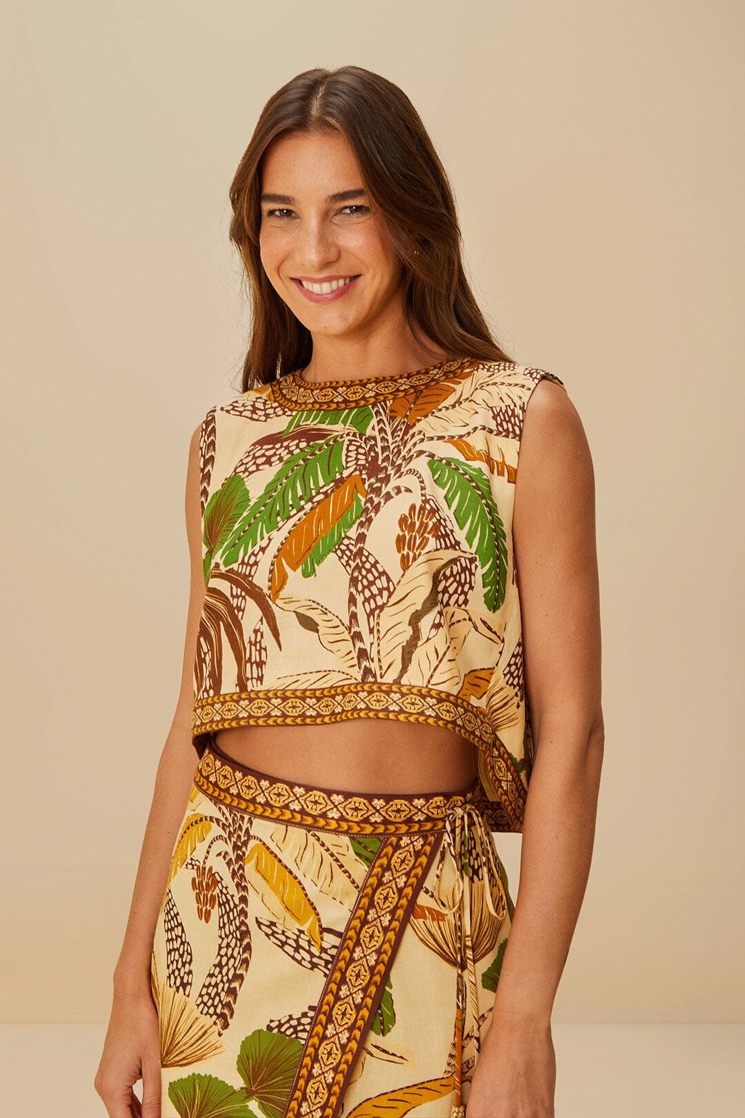 Sand Foliage Sketch LENZING ECOVERO Euroflax Blouse, FOLIAGE SKETCH SAND / S | FarmRio (US)