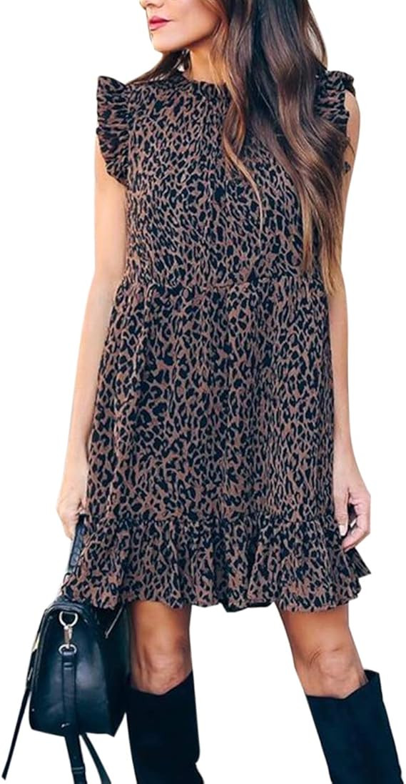 Blooming Jelly Women's Leopard Swing Shift Dress Sleeveless Crewneck Ruffle Babydoll Mini Dress | Amazon (US)