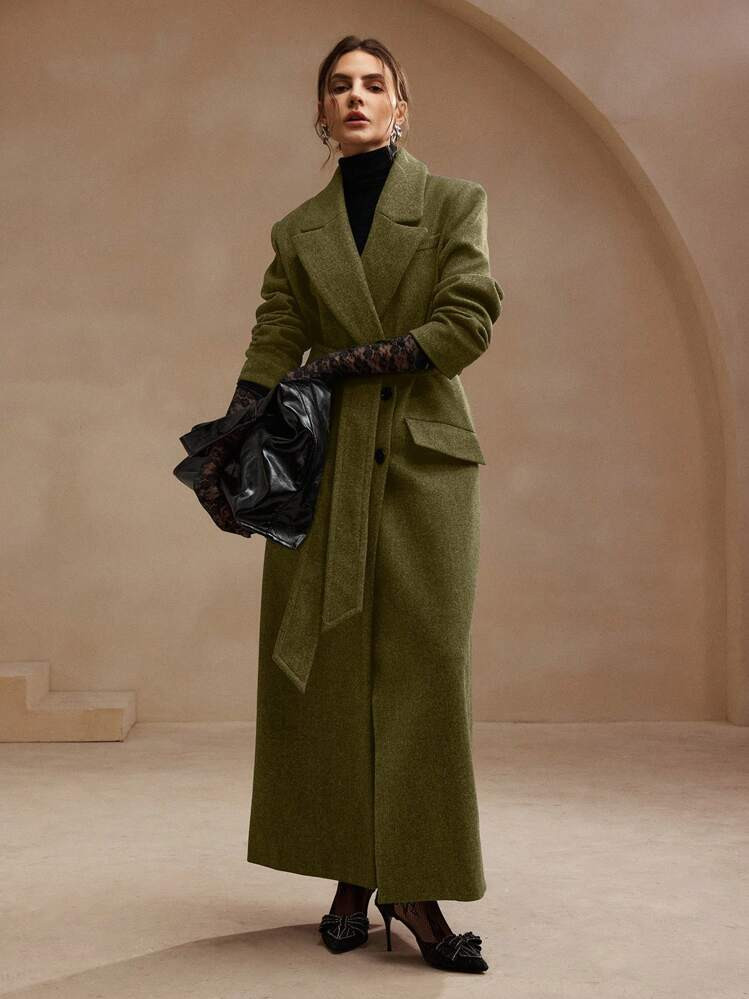 Anewsta Women Green Mid-Length Cinched Waist Waist Overcoat With Lapel Collar | SHEIN