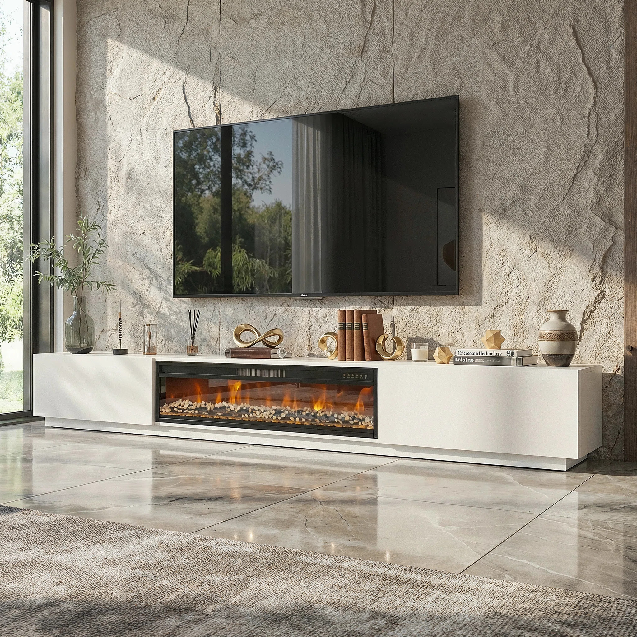 109'' W 2-Drawer TV Stand Media Console With Electric Fireplace Heater | Wayfair North America