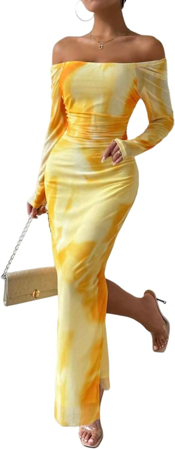 Women's Printed Off Shoulder Dress Long Sleeve Bodycon Maxi Dress Mesh Layered Side Slit | Amazon (US)