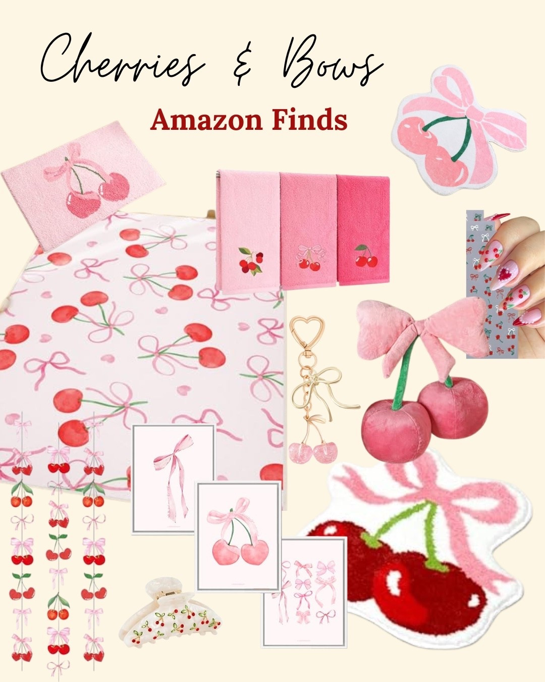  Cherries and bow ms decor finds on Amazon. I love the cherries trend and the bows trend, combining them makes the cutest home decor items! These would be cute in any girly or feminine room, classroom, or gifted to a cherry and bow loving bestie. 🍒 🎀 

Cherry rugs, bow decor, cherry decor, teen decor, dorm decor, pink room

Fruit aesthetic 🍒🎀

#LTKU #LTKHome #LTKFindsUnder50