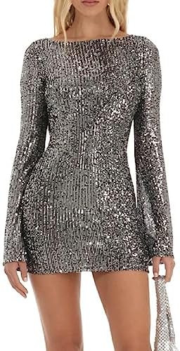 NUFIWI Women Sexy Shiny Sequin Mini Dress Square Neck Long Sleeve Short Dress Backless Sparkly Pa... | Amazon (US)
