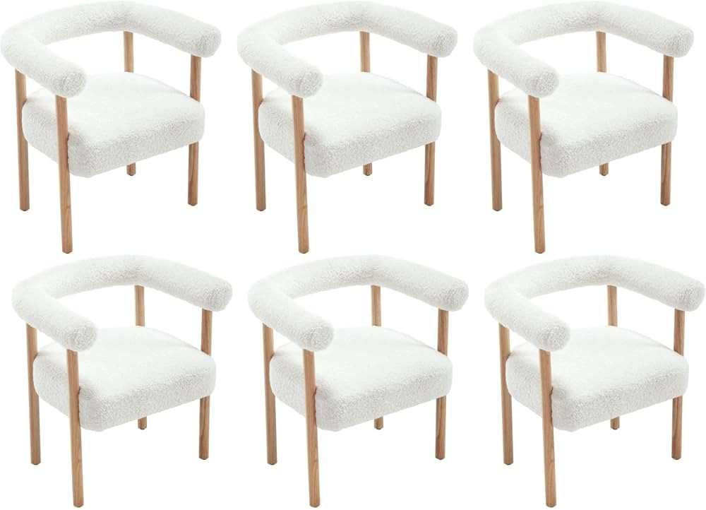 White Boucle Dining Chairs Set of 6, Modern Upholstered Dining Chairs, Curved Backrest Kitchen Di... | Amazon (US)