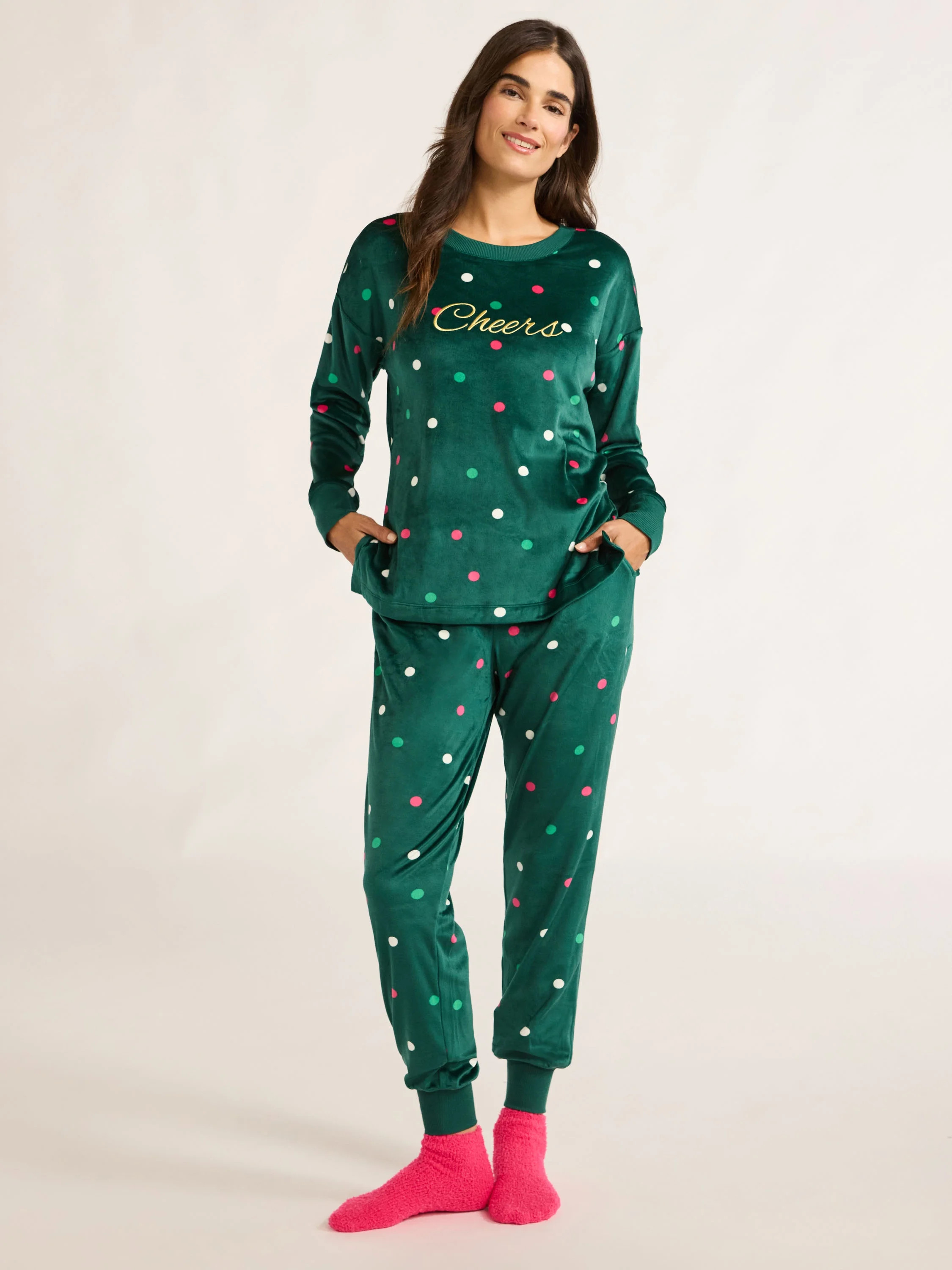 Joyspun Women's Stretch Velour Pajama Set with Socks, 3-Piece, Sizes XS-3X - Walmart.com | Walmart (US)