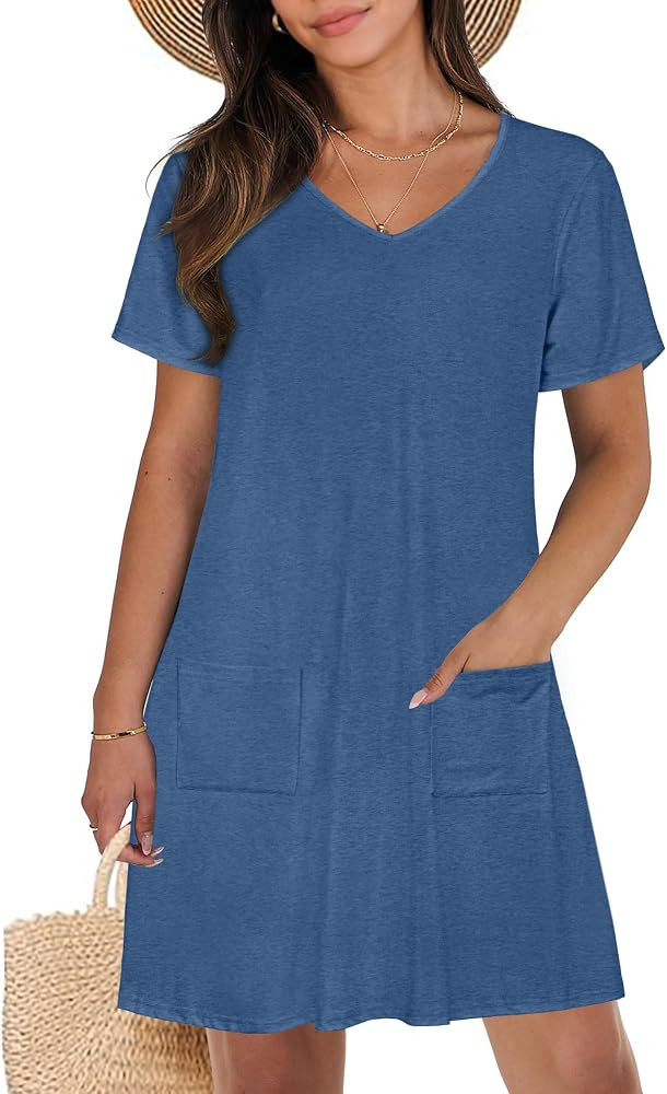 CHICGAL Summer Dresses for Women V Neck Short Sleeve Casual Loose T Shirt Sundress Beach Cover Up... | Amazon (US)