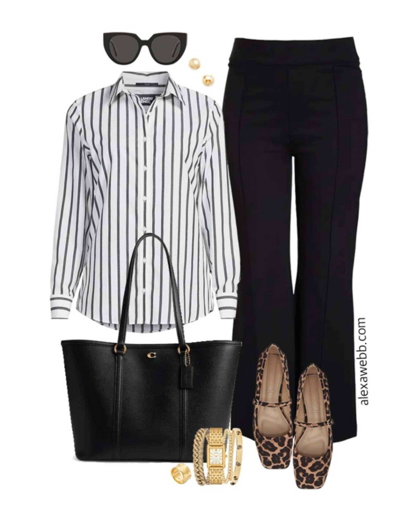 Plus size fall business casual work capsule wardrobe with a striped shirt, black flare pants and leopard Mary Jane flats. Alexa Webb 

#LTKPlusSize #LTKStyleTip #LTKWorkwear